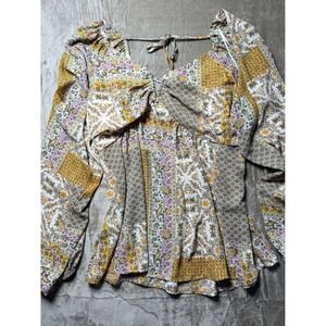 Heyson‎ Womens 1XL Patchwork Paisley Blouse Long Sleeve Smocked Boho Peasant